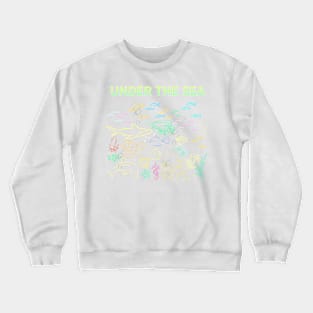 under the sea,blue sea,sea creatures,Turtle, puffer fish, starfish, shrimp, shark, tropical fish, sea horse, seaweed, sardines, squid, crabs, clams Crewneck Sweatshirt